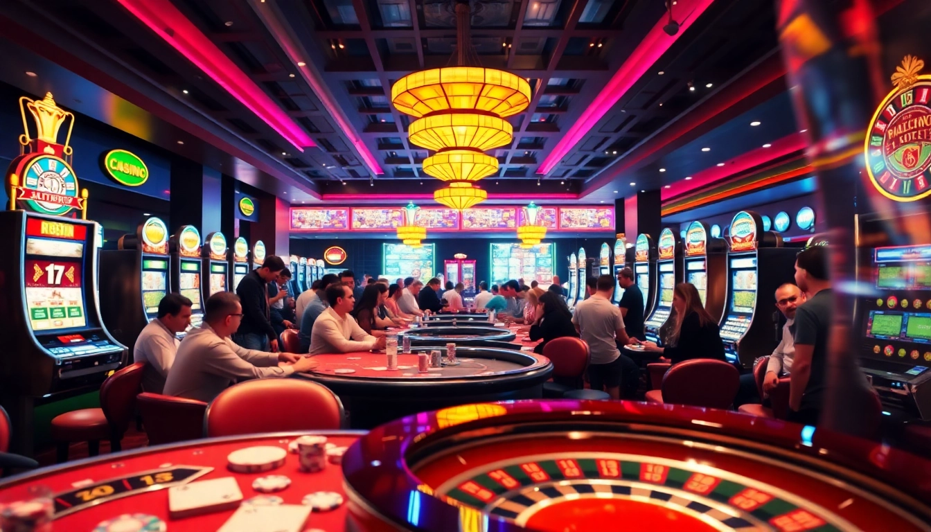 Experience the thrill of nổ hũ at a bustling casino, with eager gamblers playing vibrant slot machines and winning exciting jackpots.